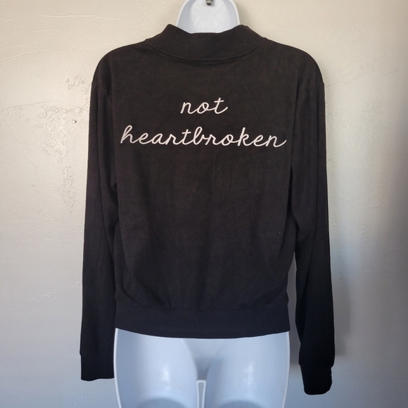 Forever 21 Black Faux Suede Black Jacket Full Zip Not Heartbroken Embroidery Lg - Picture 1 of 6